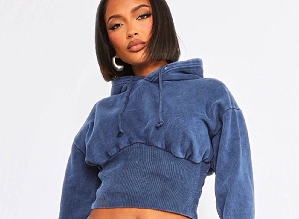 PrettyLittleThing Shape Cropped Hoodie Blue Drawstring Size S NWT